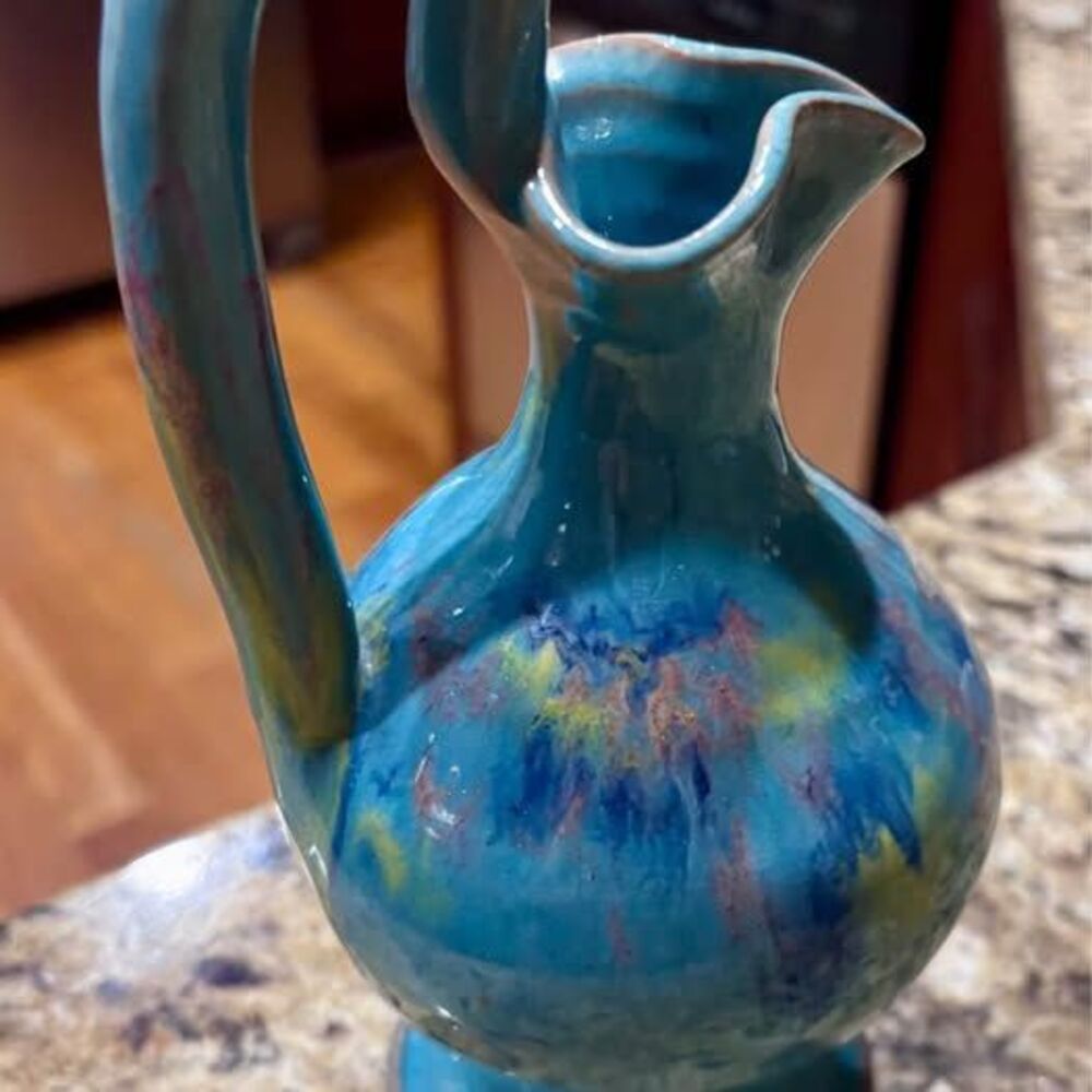 Hand-Thrown Studio Pottery Pitcher – Blue Glaze (8”)